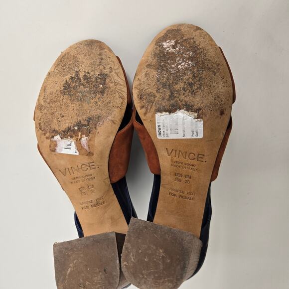 Vince Sample Open Toed Booties Navy Brown Stacked Heel Fall Italy Women 6M - Picture 10 of 10